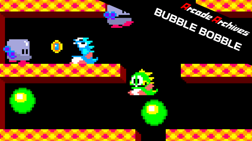 A promotional shot from the Arcade Archives edition of Bubble Bobble on the Nintendo Switch, featuring Bub and Bob blowing bubbles and climbing platforms while foes swarm around them.