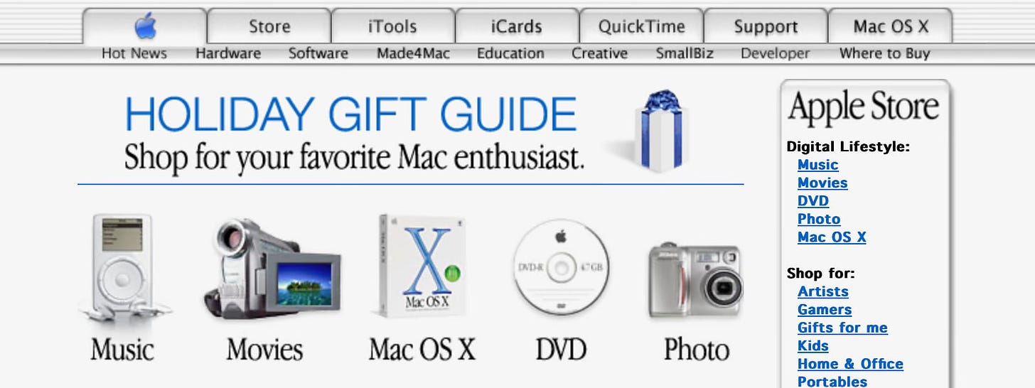 A screenshot of the Apple Holiday Gift Guide webpage in 2001.