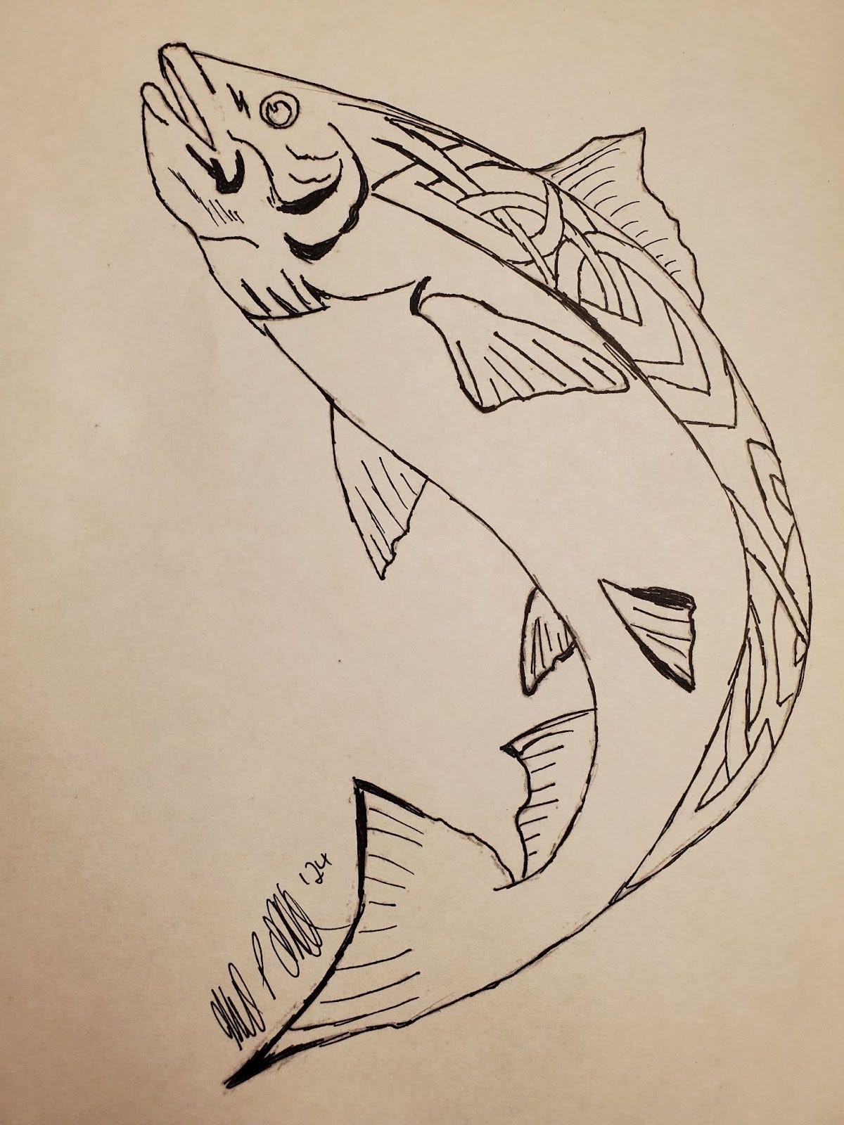 pen drawing on paper of a salmon in side profile with a celtic knot-style pattern running down its back