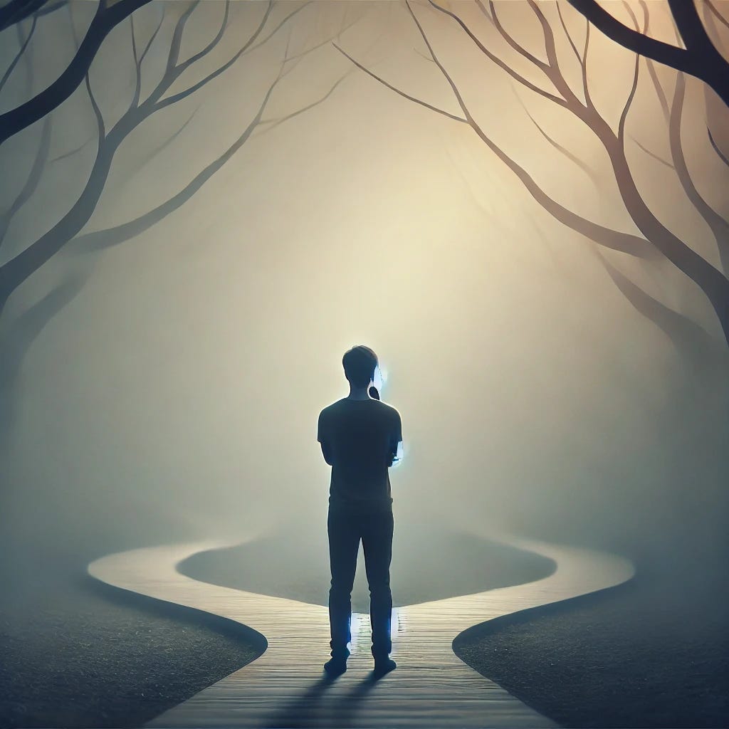 A thoughtful person standing alone on a foggy path, looking at multiple branching trails ahead. The atmosphere is contemplative and quiet, with soft light breaking through the fog, symbolizing uncertainty and introspection. The person appears deep in thought, considering which path to take.
