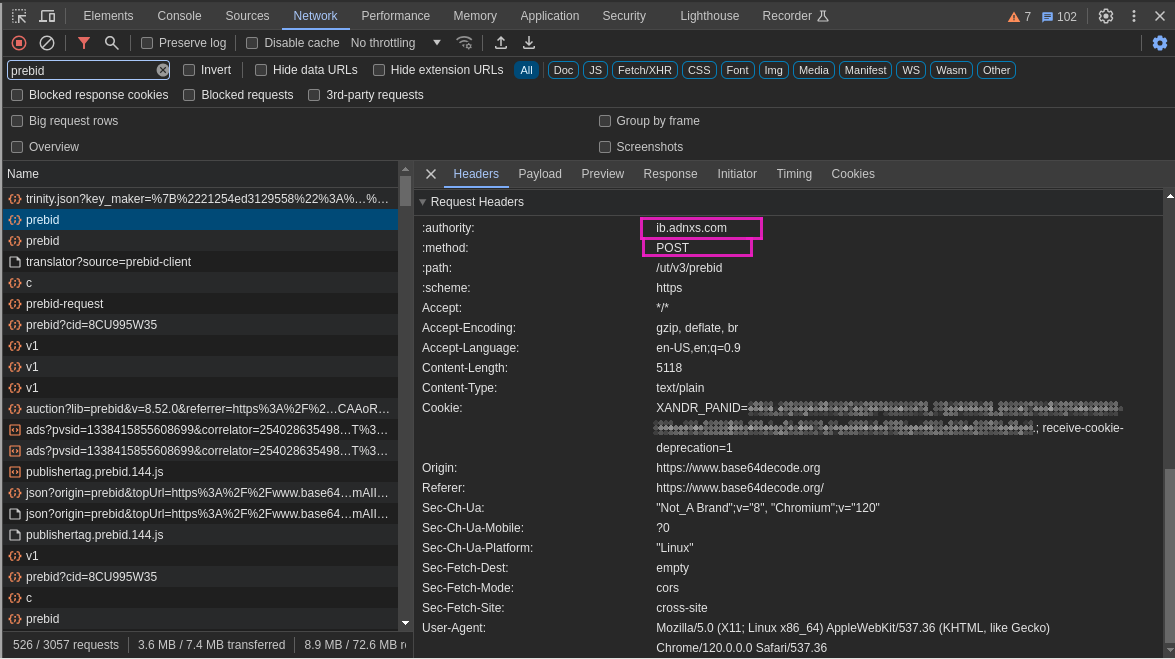 The details of the prebid request are shown at the right. The two purple boxes highlight the domain name and HTTP type.