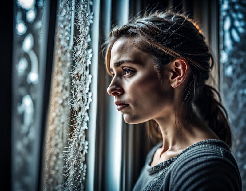 Window frosted up, sad young woman looking out intricate detail