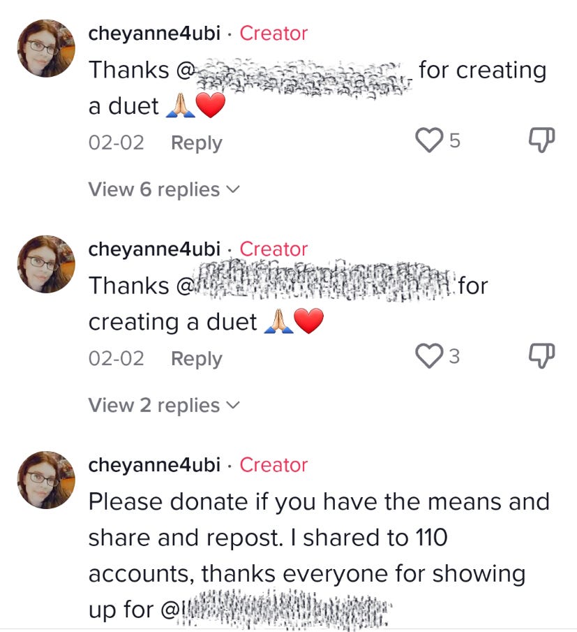 TikTok comment section thanking people for creating a duet with them and challenging people to donate and share the content.
