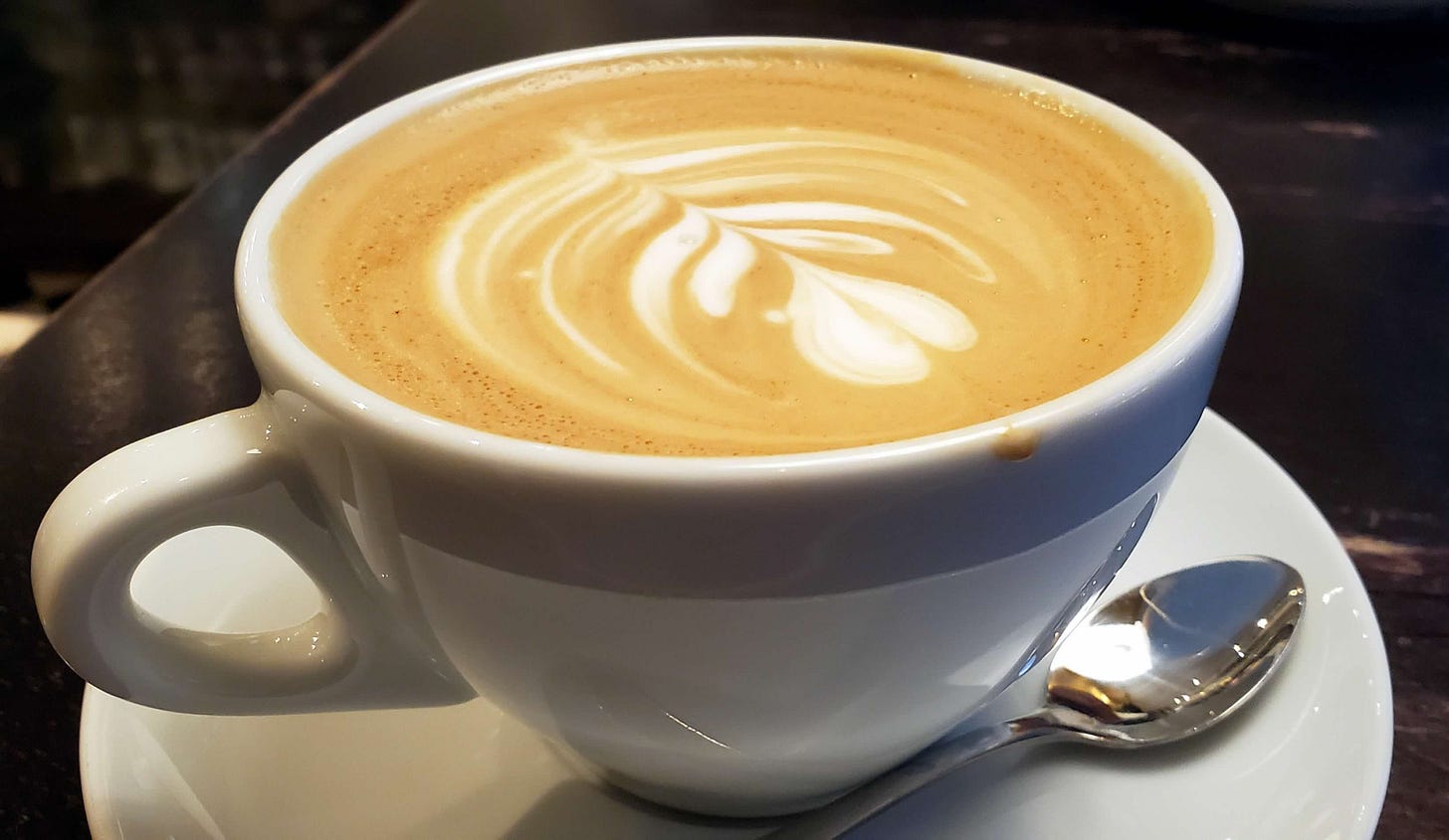 cappuccino in a white ceramic mug with a leaf design in the foam