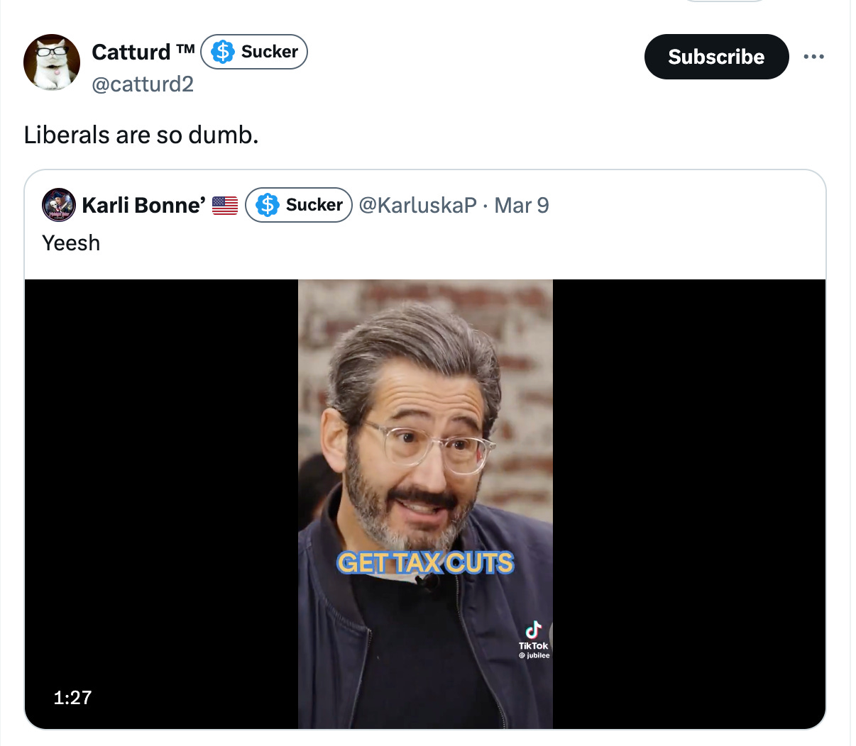 catturd tweet with freeze frame of sam seder video with the text "liberals are so dumb"