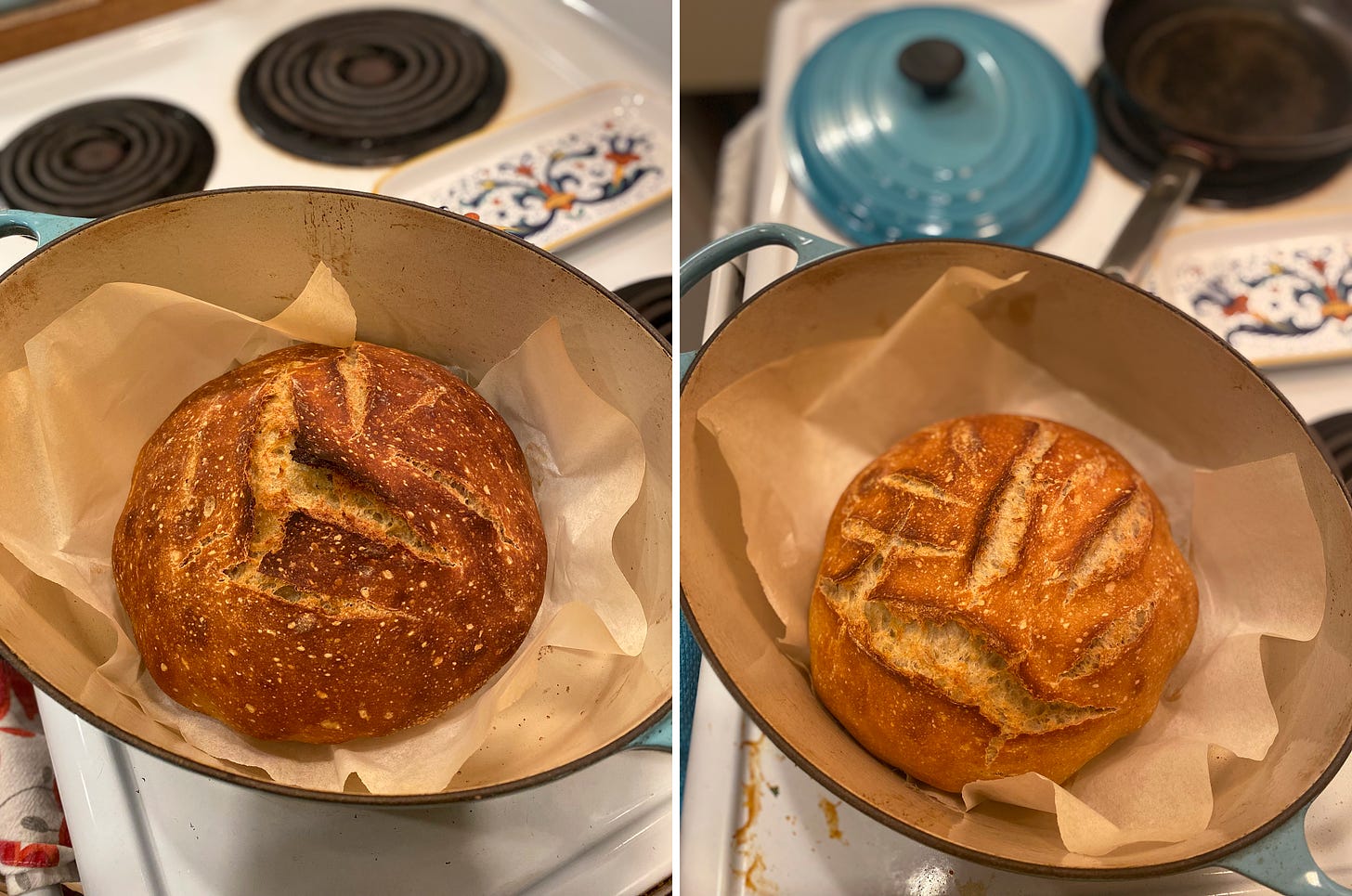 two images side by side, each of a sourdough boule inside a dutch oven lined with parchment. The loaf on the left is slightly darker, and the loaf on the right has more uneven scoring.