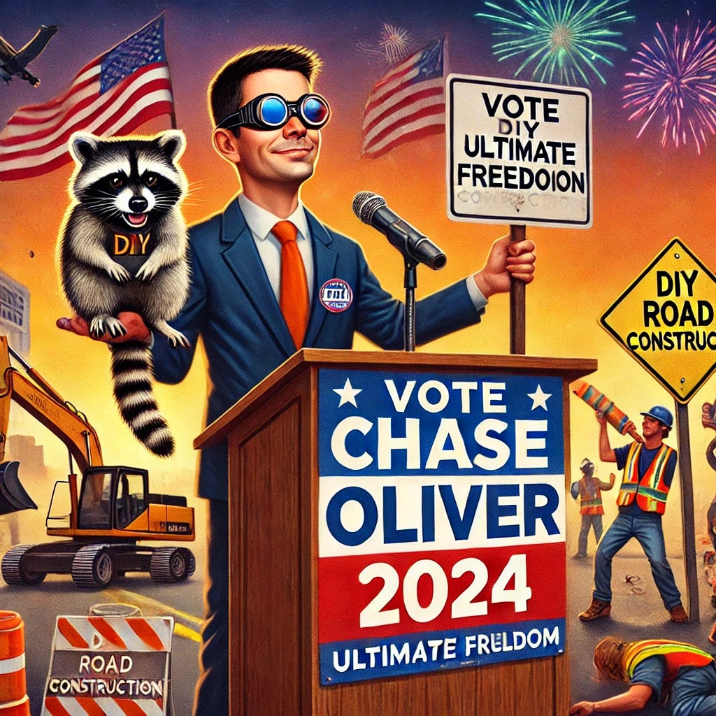 A humorous and whimsical scene featuring Chase Oliver, the Libertarian Party presidential candidate, standing in front of a podium with a 'Vote Chase Oliver 2024' banner. He is holding a raccoon in one hand and a DIY road construction sign in the other, symbolizing his platform of ultimate freedom. The background includes people building their own roads and setting off fireworks, with no rules in sight. The scene is playful and chaotic, representing the wild, free-spirited energy of his campaign, with a lighthearted, comical vibe.