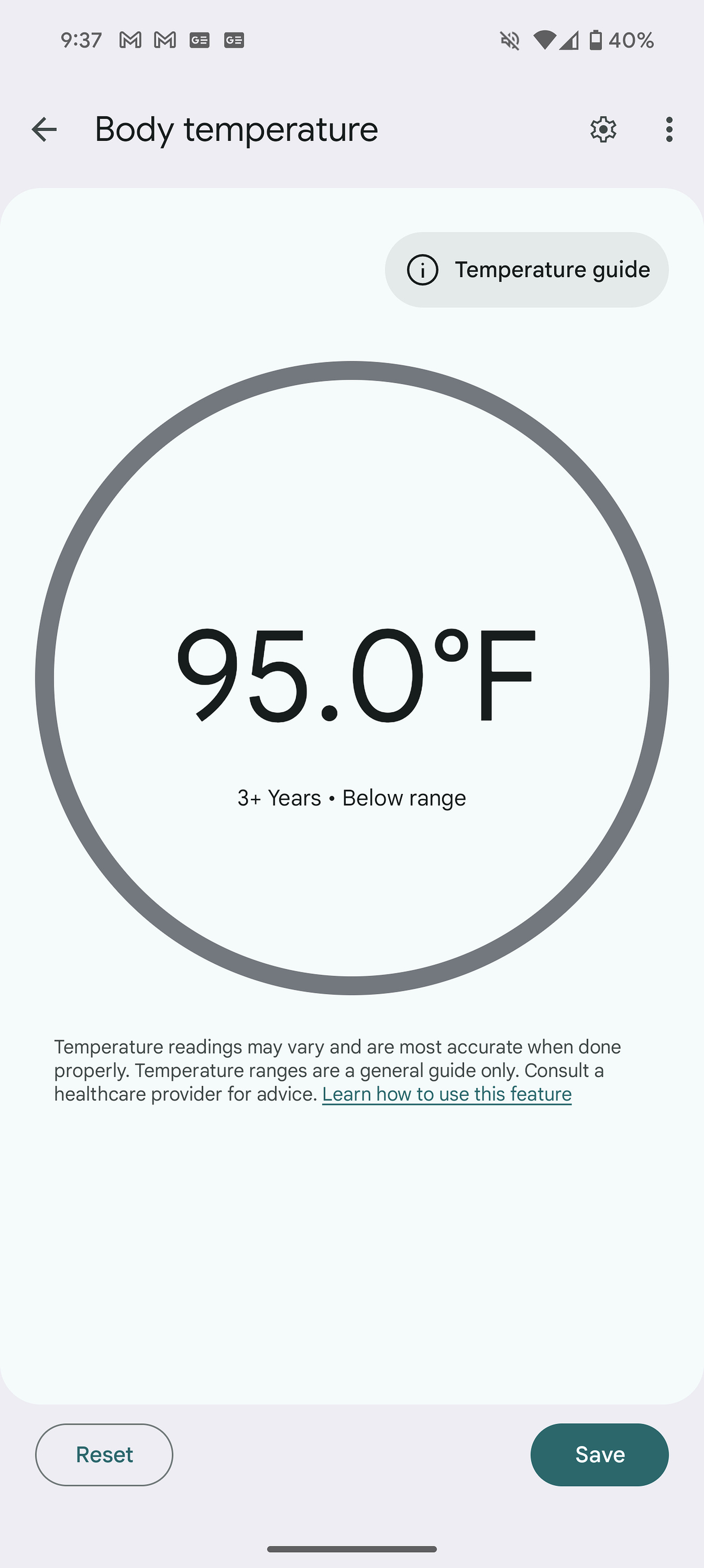 Screenshot of temperature reading in Pixel 8 Pro app