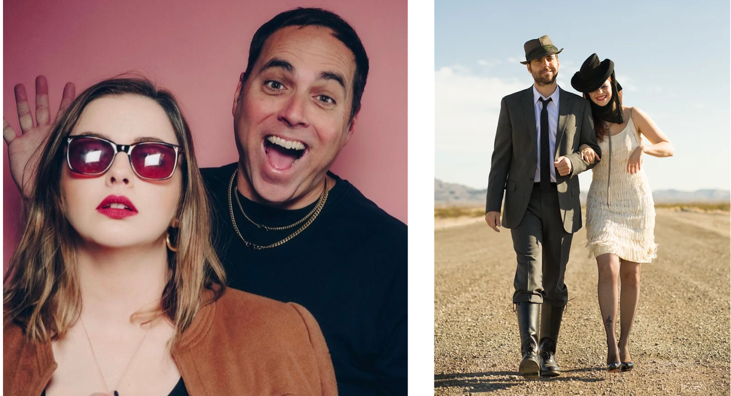 Left, Amber looks into camera with a very serious expression. She wears dark sunglasses. Behind her, Derrick is smiling broadly with his hands up. Right, an old tour promotional photo of Derrick and Amber. They wear formal 1920's style clothing and walk arm in arm down an empty dirt round surrounded by desert.