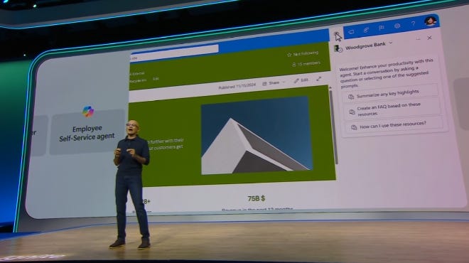 Satya Nadella talking about agents in SharePoint during his opening keynote at Microsoft Ignite 2024. 