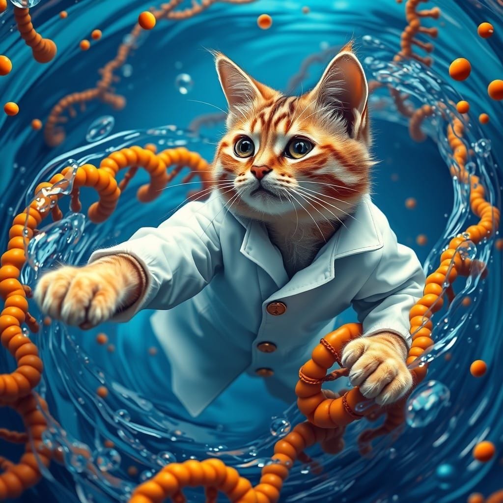 High School Science Cat Swimming in DNA pool reaches for life raft. Much more DNA. Cat needs a white lab coat