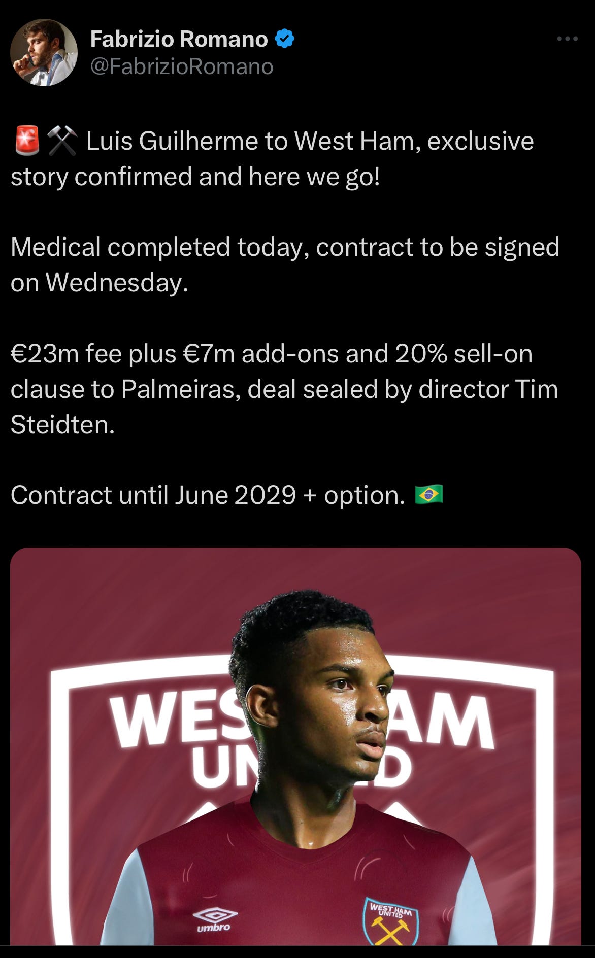A tweet by Fabrizio Romano confirming Luis Guilherme's move to West Ham.
