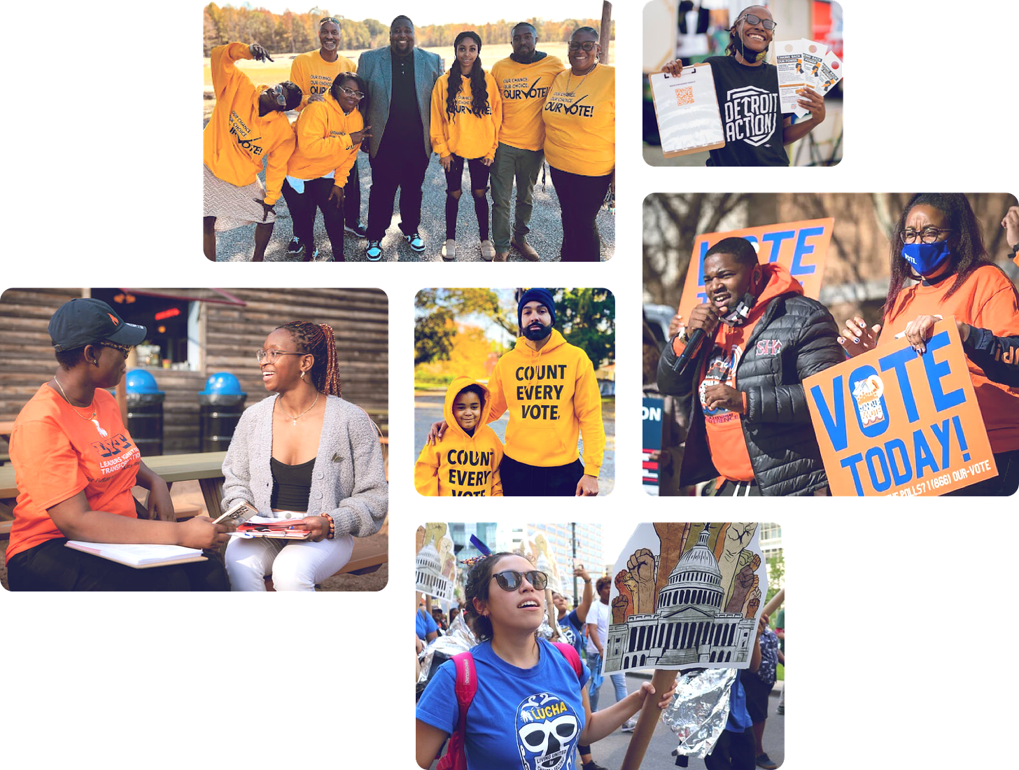 Photo collage featuring MVP local partner organizing groups: Advance NC, Detroit Action, GA Alliance, LUCHA (AZ), Leaders Igniting Transformation (WI), 1Hood Power (PA)
