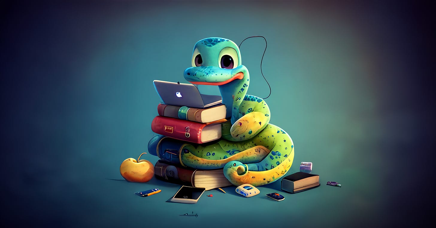 A snake with books looking at a laptop