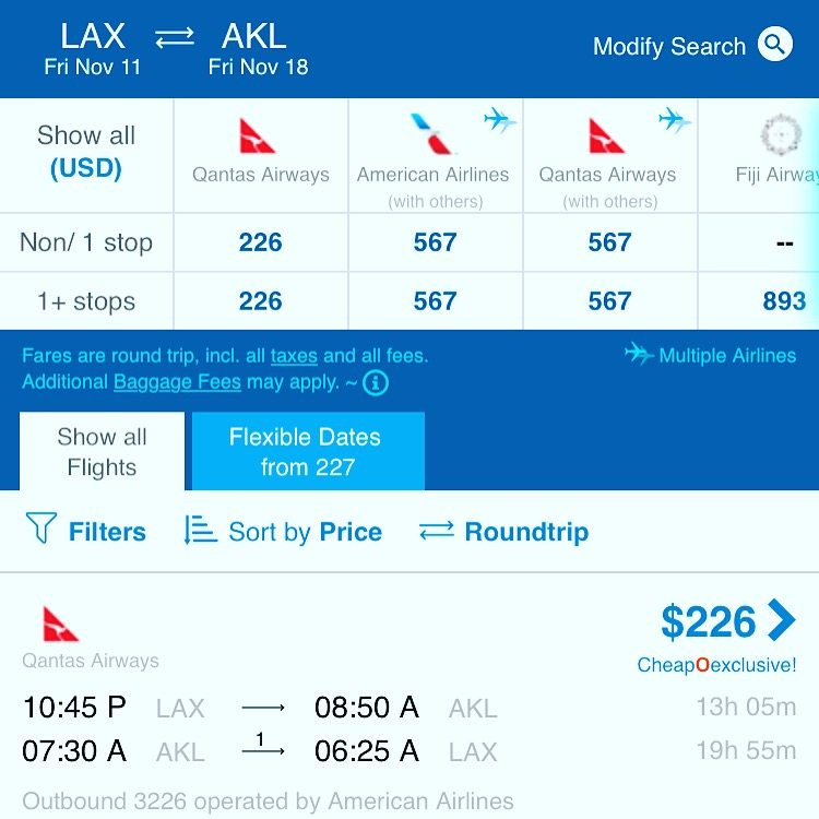 Screen shot of Mistake Fare From LAX To Auckland New Zealand