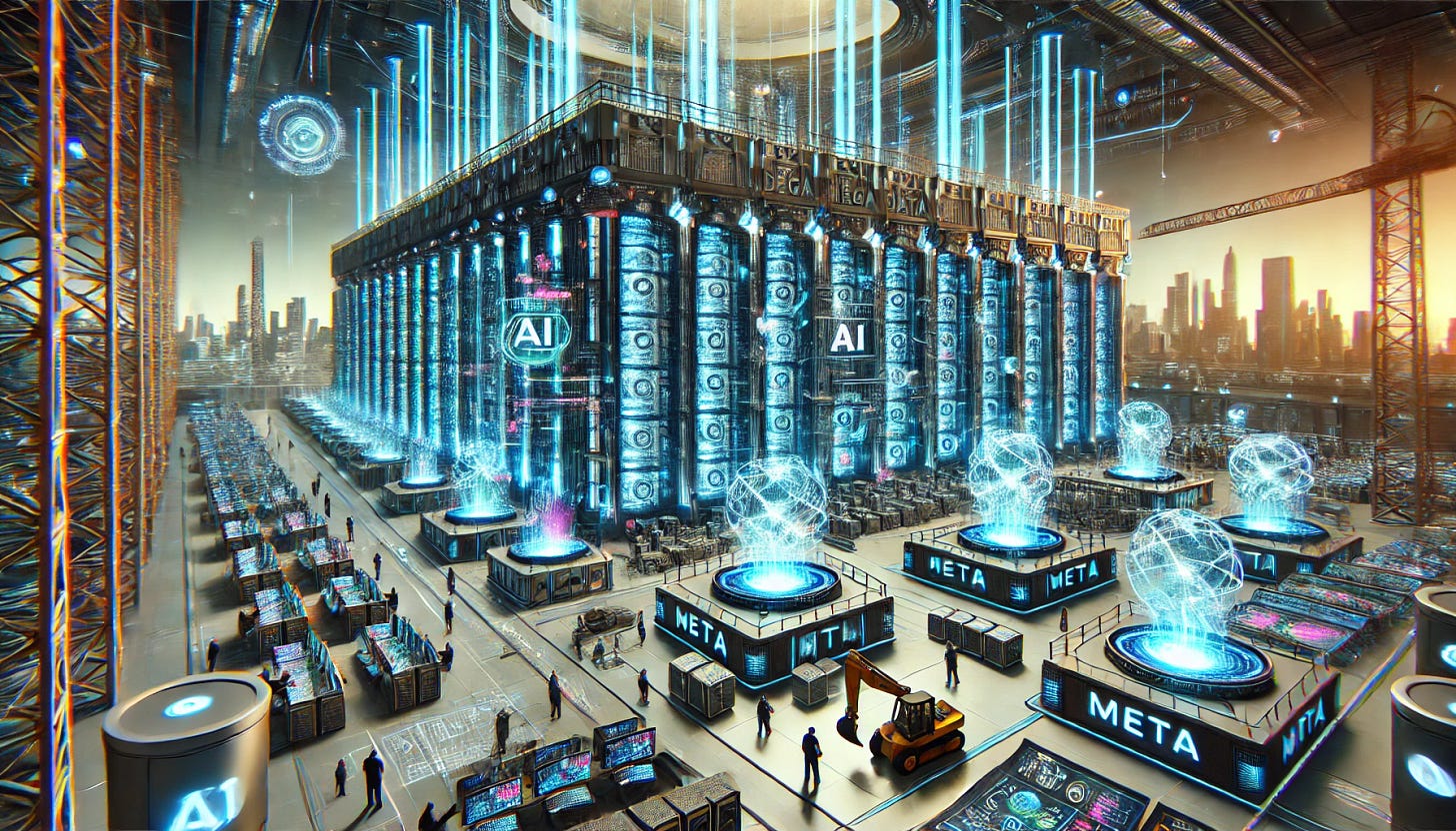 A 16:9 futuristic illustration showcasing Meta’s construction of a massive AI mega data center. The scene features a sprawling, high-tech Meta-branded facility with towering server racks interconnected by vibrant energy streams, symbolizing immense AI computing power. Holographic overlays display real-time data processing and AI workloads. Engineers and robotic systems actively oversee infrastructure development, highlighting the scale of the project. In the background, a futuristic city skyline and glowing Meta logos reinforce the company’s ambition in AI-driven data infrastructure.