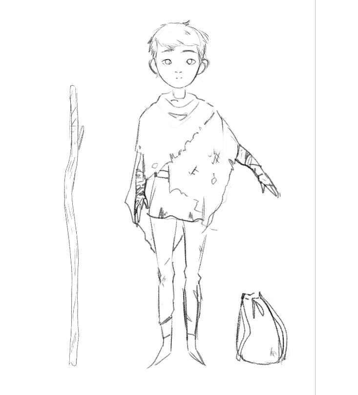 A short haired, wide eyed sketch of Plague Rat wearing draping rags that look a little bit like a cape or a cloak, wrappings on his arms, practical pants, next to a sack and an excellent walking stick.