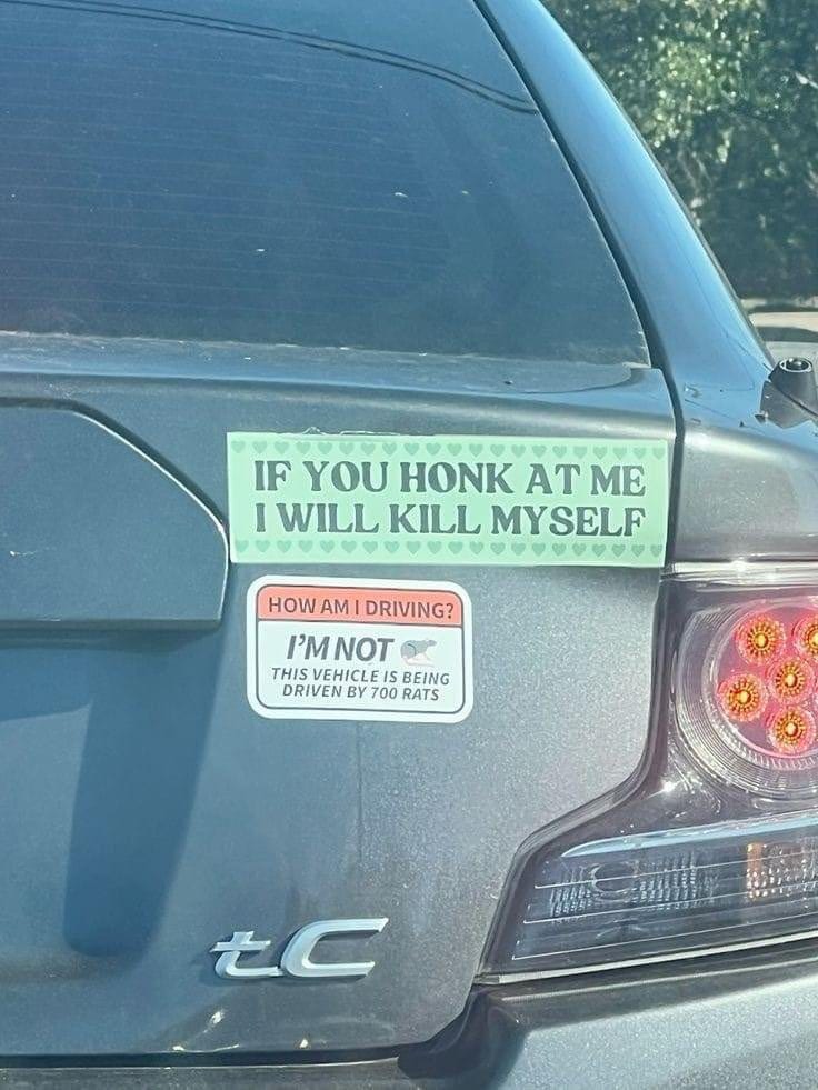 A gray car with two bumper stickers. The top one is green with hearts on it and reads "If you honk at me I will kill myself," the second is orange and white and reads "How am I driving? I'm not :rat emoji: this vehicle is being driven by 700 rats"