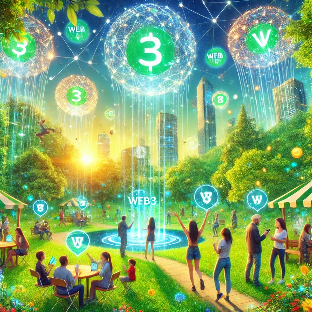 A vibrant utopian scene showcasing a Web3 airdrop in a green, nature-filled environment. Imagine a futuristic city integrated with lush greenery, trees, and parks. People are joyfully receiving digital tokens in their holographic wallets, depicted as colorful, glowing orbs descending from the sky. The atmosphere is festive, with floating digital banners celebrating the event. Diverse individuals, young and old, are engaging with holographic interfaces, sharing excitement, and exchanging tokens. The overall vibe is one of community, innovation, and abundance, with a bright and optimistic feel, all set in a harmonious blend of technology and nature.