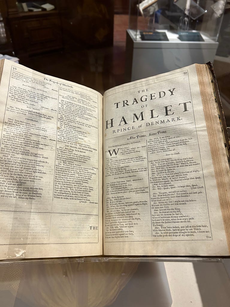 Photo of Shakespeare's Fourth Folio turned to the first page of the play Hamlet, which is subtitled, "Rpince of Denmark."