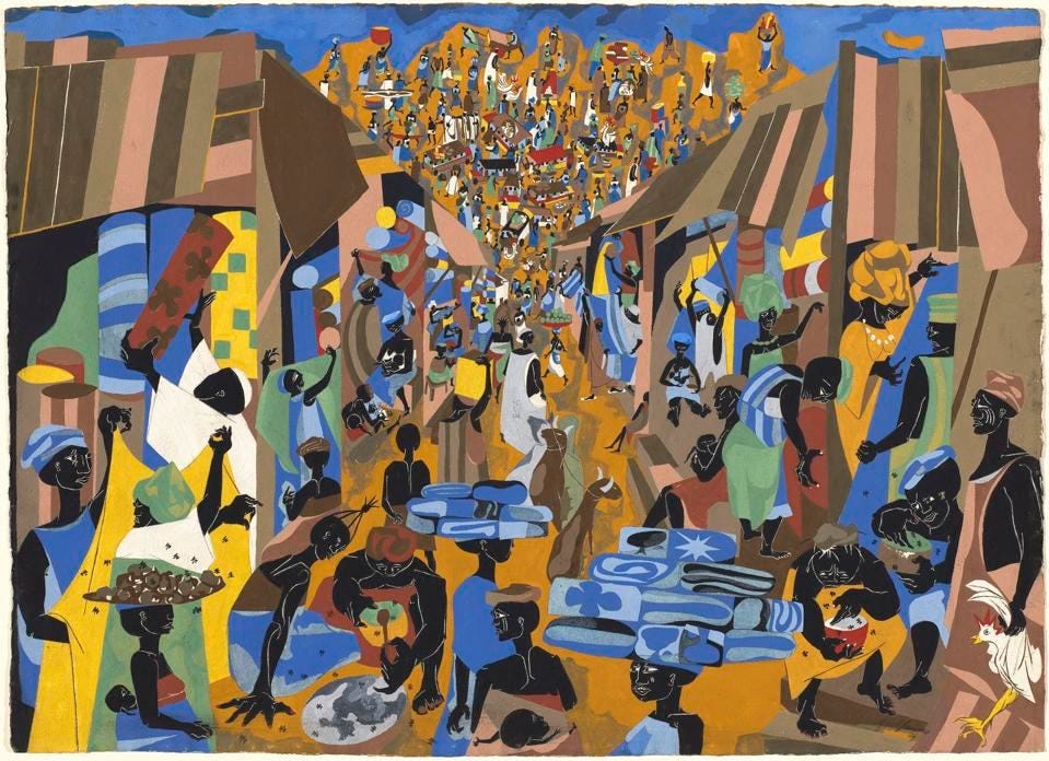 Jacob Lawrence (American, 1917 – 2000), Street to Mbari, 1964. Glue tempera, opaque watercolor, and graphite on wove paper. National Gallery of Art, Gift of Mr. and Mrs. James T. Dyke, 1993.