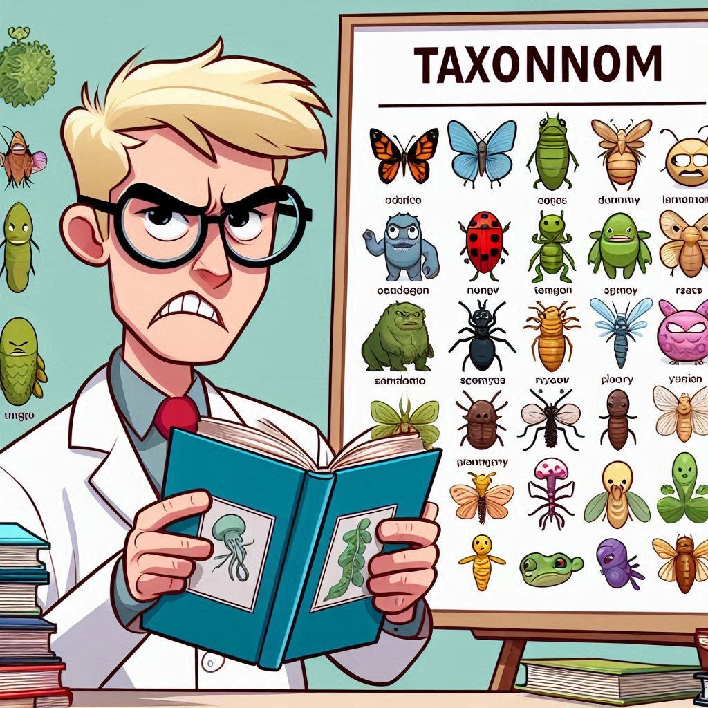 A blonde male scientist in a lab coat, scowling. Behind him is a graphic of taxonomy with cartoon creatures and random names.