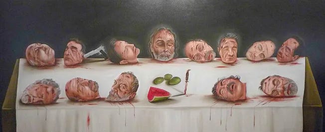 An oil painting of 13 severed heads arrayed on a dinner table, Gustavo Monroy’s parody of da Vinci’s “Last Supper”