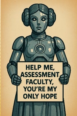 A stylized illustration of a robot resembling Princess Leia from Star Wars holds a sign that reads: “HELP ME, ASSESSMENT FACULTY, YOU’RE MY ONLY HOPE.” The robot has a metallic body with circular features and hair buns mimicking Leia’s iconic hairstyle. The background is a tan gradient with a vintage, poster-like aesthetic. The image humorously blends sci-fi imagery with academic assessment themes.