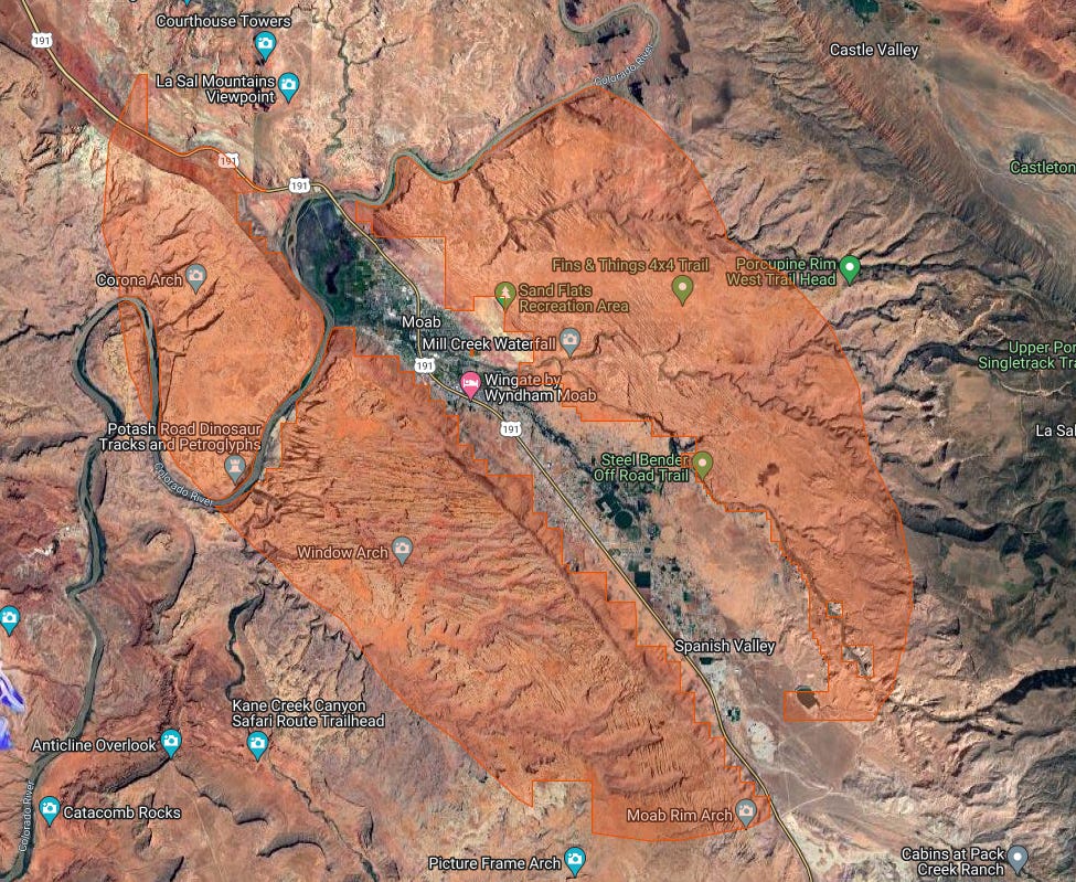 A map of Moab showing that it's surrounded by BLM land, but that this land is mostly mountainous. 