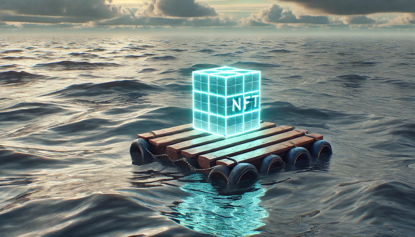 A detailed scene of an NFT-themed object adrift at sea. The image shows a digital NFT floating on a small wooden raft in the middle of a vast, calm ocean. The NFT appears as a glowing holographic object with pixelated details, contrasting against the natural setting. The sky is overcast with subtle shades of gray, while the horizon fades into mist. Gentle waves ripple around the raft, giving the sense of isolation and peacefulness. The scene captures a blend of digital art and the serenity of nature, evoking a mood of contemplation and mystery.