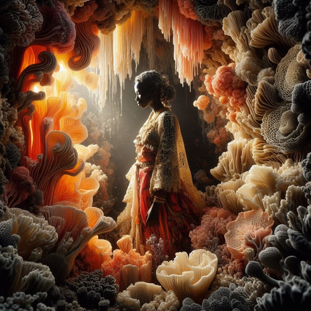 inside piercing air; tiltshift/ 5d angle glass embedded Carla caves / Broken into fragments/ pieces Rwandan woman in traditional garb with lace mycelium in her /her house, glowing,  is a large coral plant underwater / olive,ivory, chartrues, lace made of black water in resin/ love. coral orange, pink, cream, olive address/ reverberating waves/ water in resin verdigris/ In the style of Michael Parkes. black etching/ black linework/ 