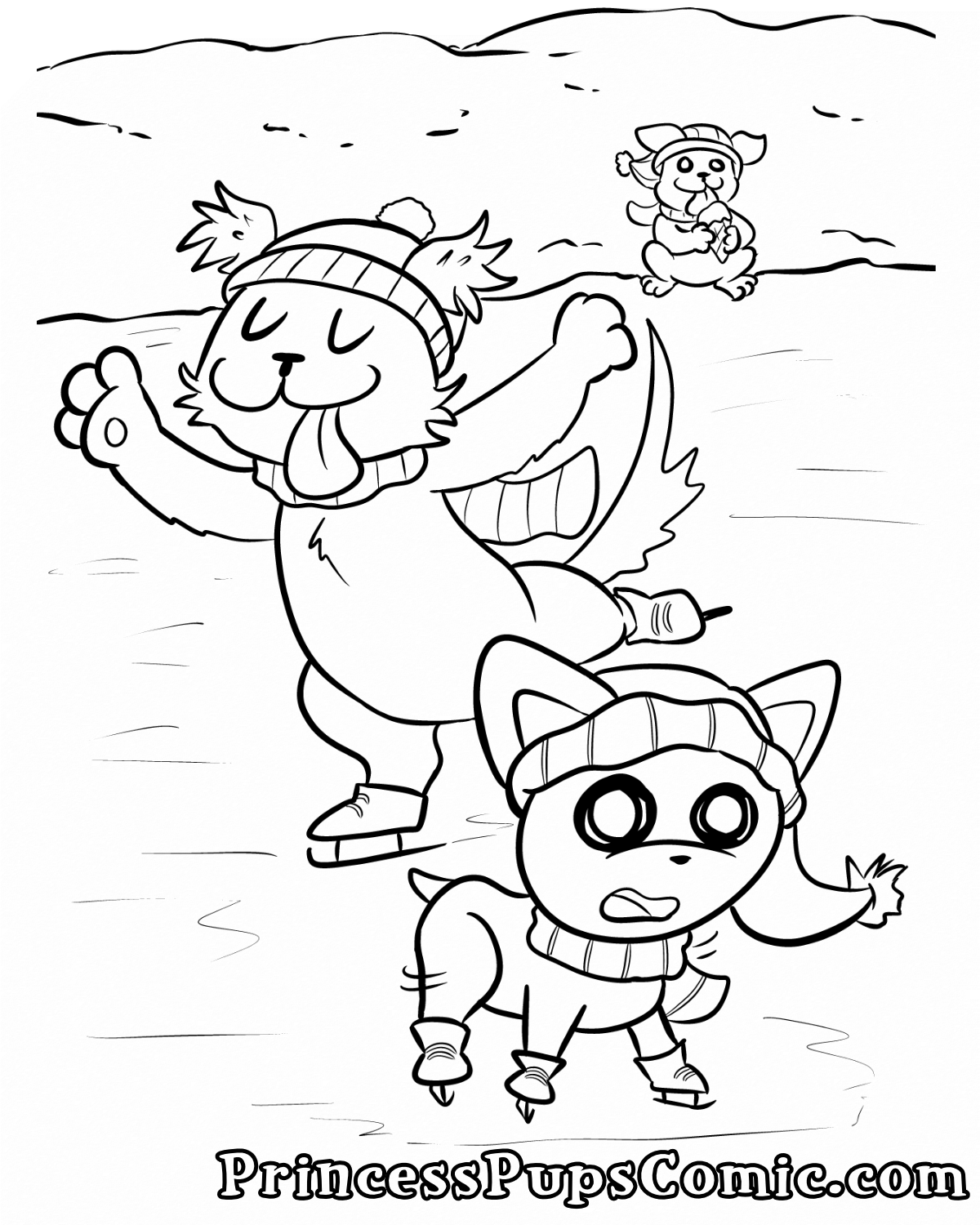 A black and white coloring pages of some of the puppies from the Princess Pups comic. Scruffy Pup, a larger and fluffier puppy, glides with confidence across a frozen lake. Nearby, TeaCup Pup, a smaller teacup Chihuahua, struggles to keep her balance on her four ice-skated feet. In the background near piles of snow, Pug Pup, a pug puppy, eats ice cream with satisfaction. 