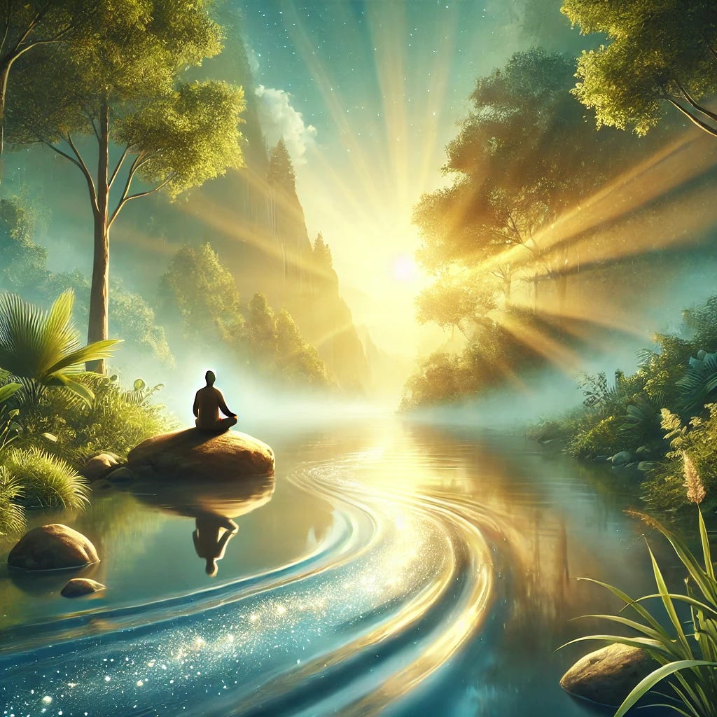 A soothing and peaceful illustration symbolizing the concept of refocusing attention to transform reality. The scene features a serene natural environment with a person sitting on a rock by a calm river, surrounded by lush greenery and soft sunlight streaming through the trees. The person's attention is directed toward the sparkling water, with subtle waves reflecting the golden light, symbolizing clarity and mindfulness. The atmosphere is tranquil and meditative, evoking a sense of calm and inner focus. No text or written elements included in the image.