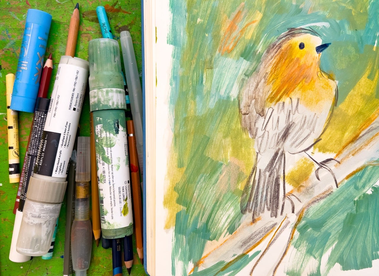bird illustration by Beth Spencer with acrylic markers and colored pencils