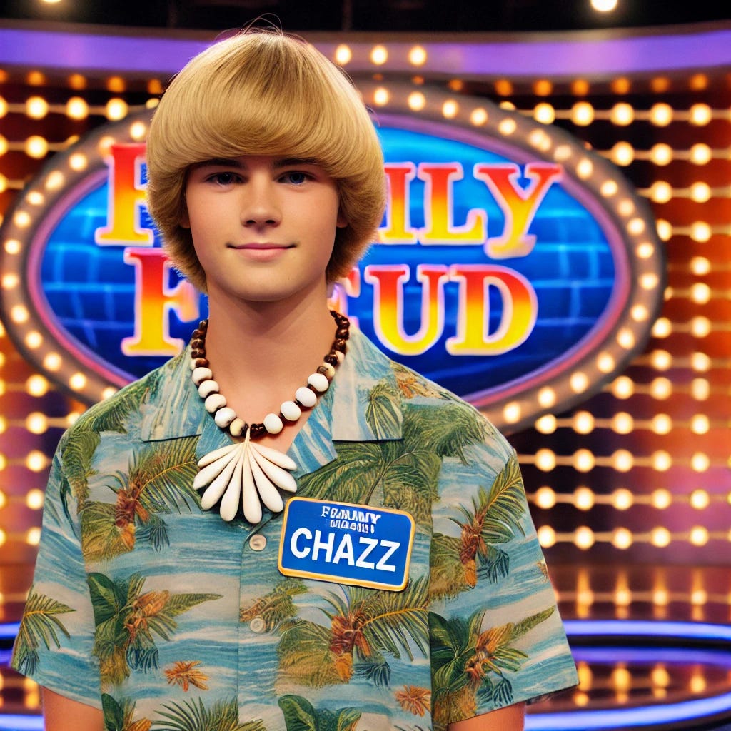 A teenage boy with a blonde bowl cut hairstyle, wearing a pukka shell necklace, standing alone on the set of Family Feud. He has a relaxed, surfer-like vibe with a tropical shirt and casual shorts. The Family Feud logo is clearly visible behind him, and his name tag reads 'Chazz.' The bright studio lights create an exciting game-show atmosphere, but the focus is entirely on him.