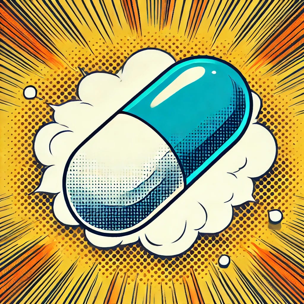 A simple comic book style image of a large medicine pill, vibrant and prominent. The pill should be illustrated as a clean and clear symbol of a 'miracle drug,' with bold comic book lines and colors. The background should be minimal to keep the focus on the pill, emphasizing its importance in the scene.