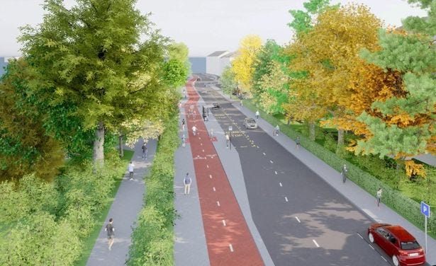 Langside Avenue - how new cycle paths could look.