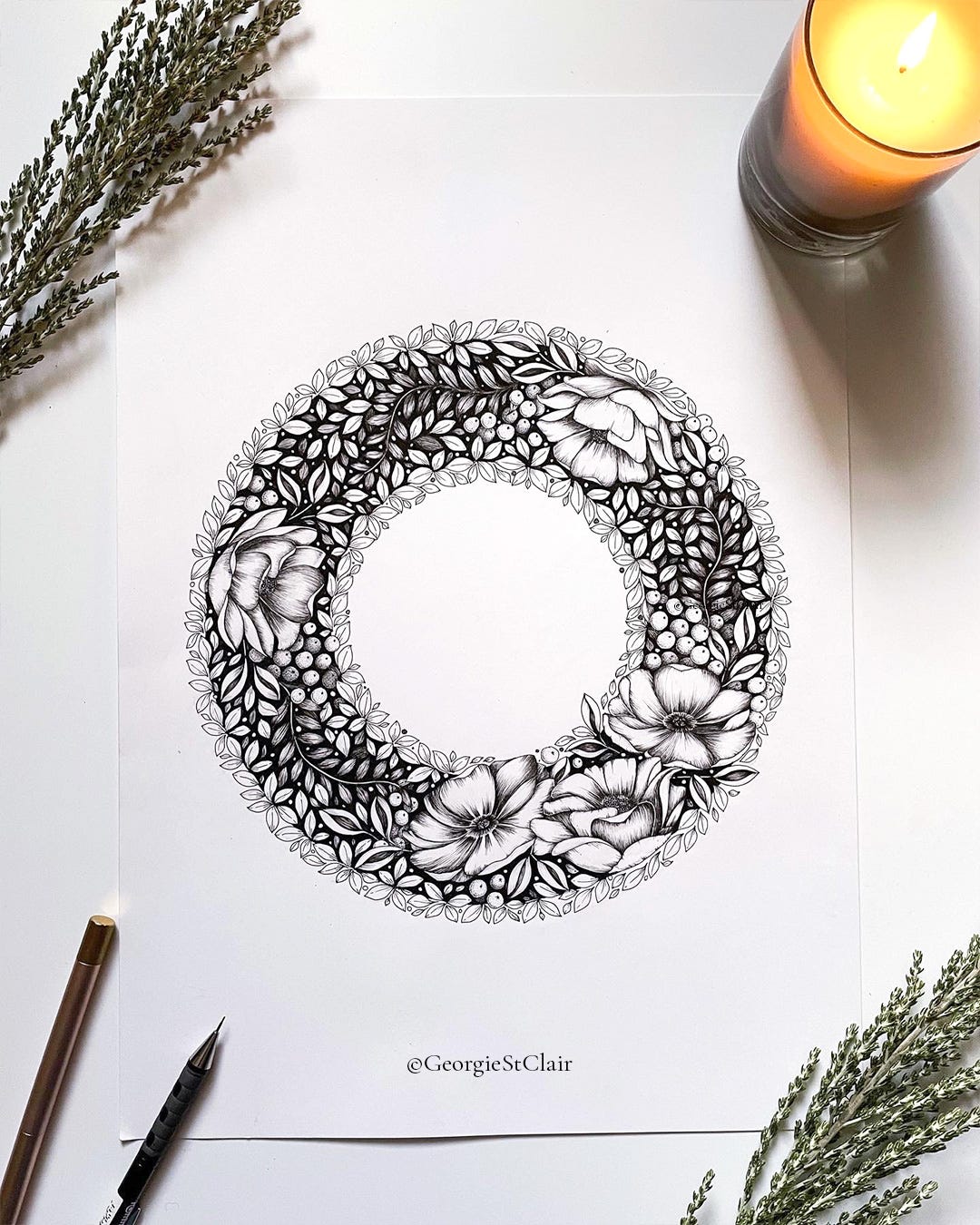 Fineliner botanical wreath drawing by Georgie St Clair