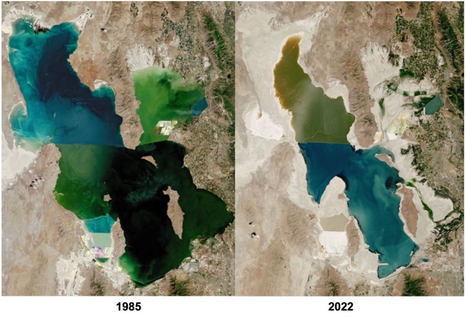 The Great Salt lake in 1985 and in 2022. Data source: USGS and NASA. Image composition: Brigham Young University. The colors of water differ between the north and south arms of the lake, because a railroad causeway separated them. 