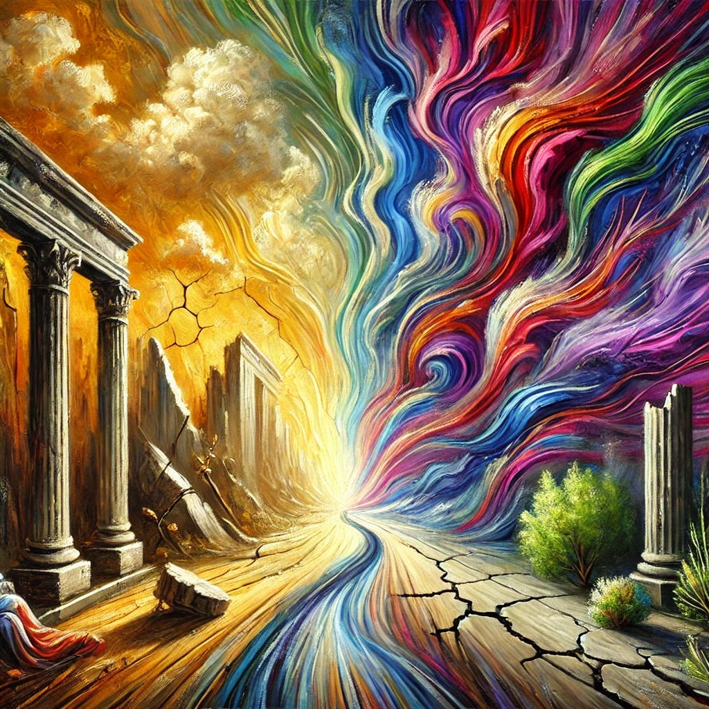 An impressionist oil painting depicting the shifting dynamics of modern society through vibrant, swirling brushstrokes. The foreground features cracked and weathered pillars symbolizing fragility and societal tension. The left side of the painting uses warm golden and green tones to represent order and an idealistic vision of progress, while the right side bursts with chaotic, expressive purples, reds, and blues, symbolizing conflict and challenges. A winding path runs through the center, blending the two sides, representing the evolving and uncertain journey of societal transformation. The painting has dynamic, flowing strokes and a dreamlike quality.