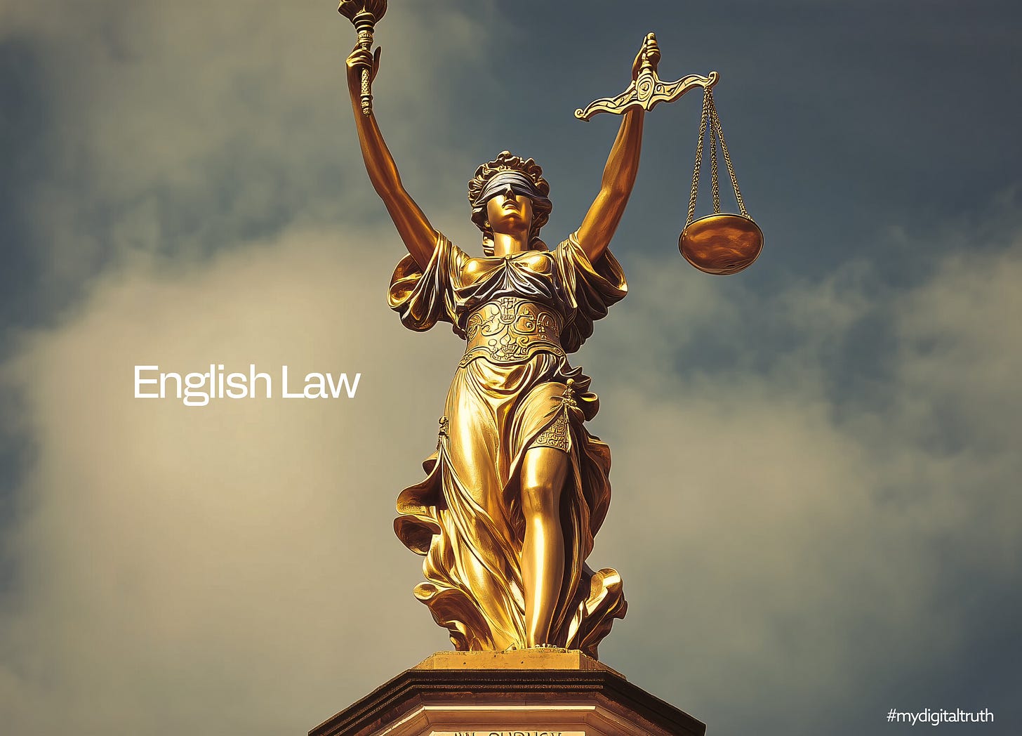 Satire: The golden statue of Justice, blindfolded and holding scales and a sword.