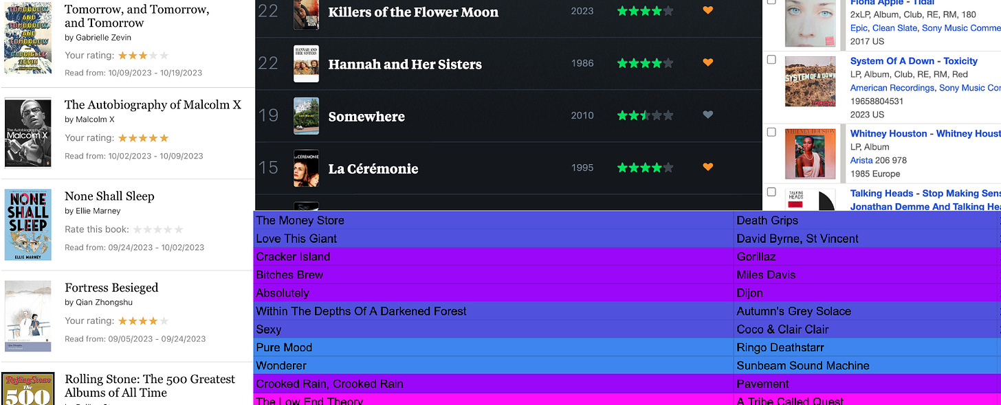 Collage of the various cataloguing platforms the author has. From left to right: Goodreads, Letterboxd (top), Google spreadsheet (bottom), Discogs.