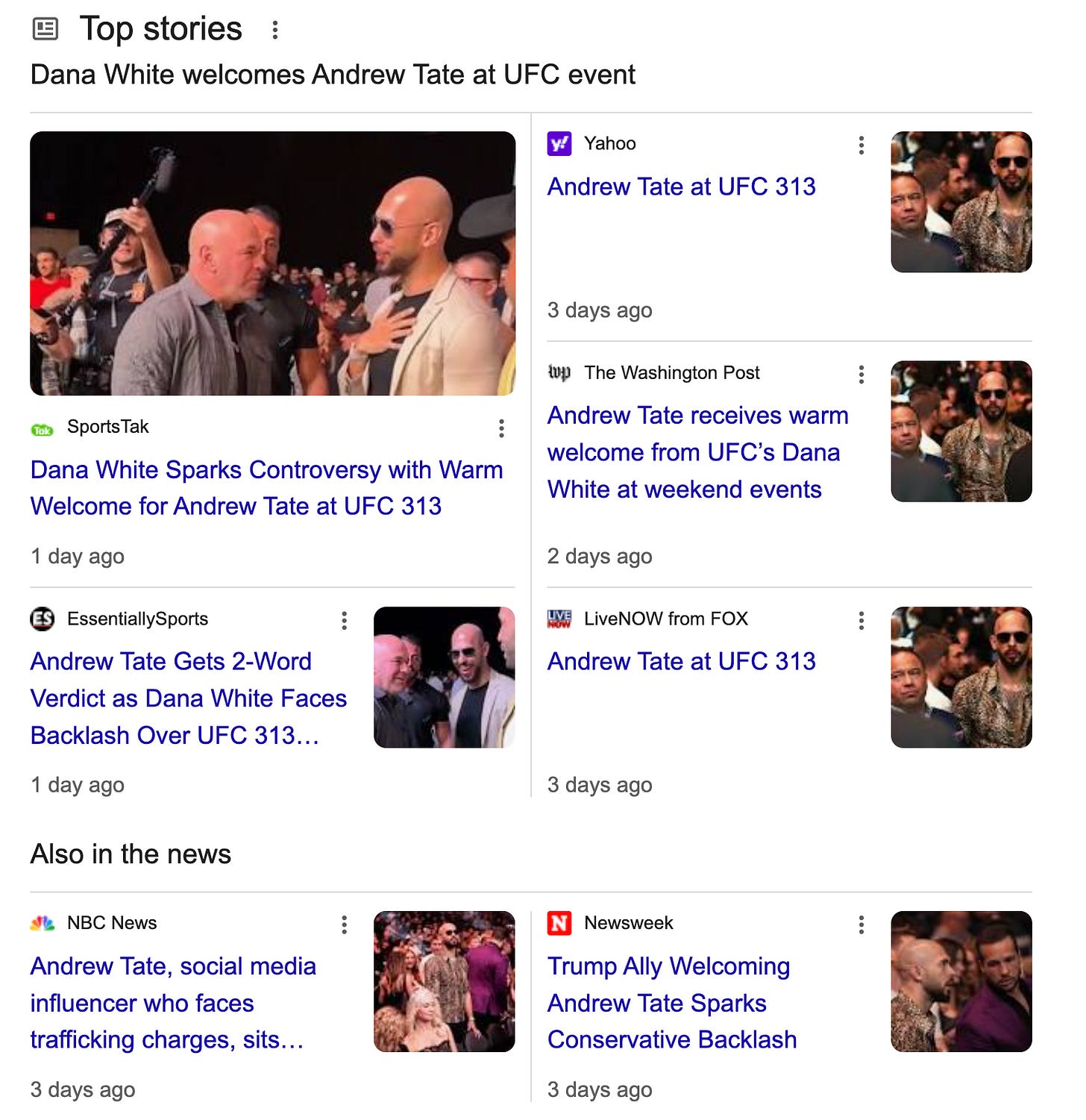 Top Stories: Dana White welcomes Andrew Tate at UFC event: headlines from Yahoo, Washington Post, Newsweek and other major outlets