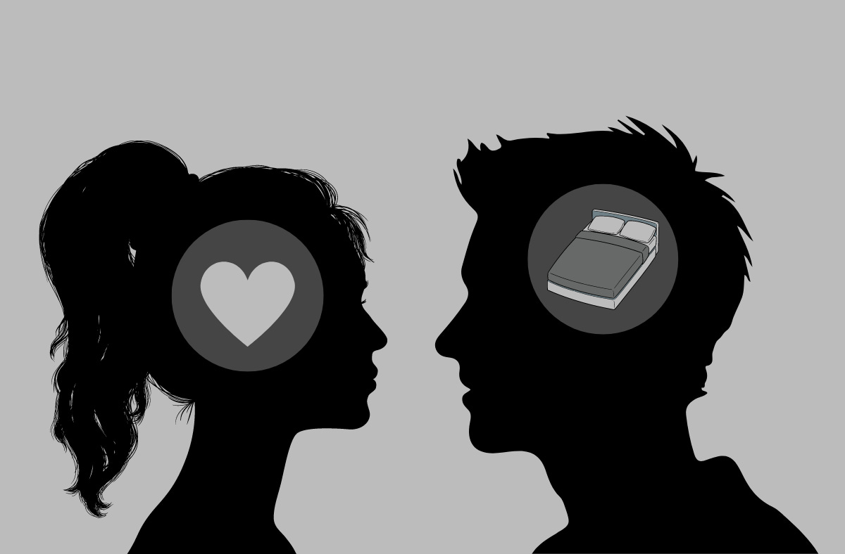 a silhouette of a woman with a heart in her head and a silhouette of a man with a bed in his head