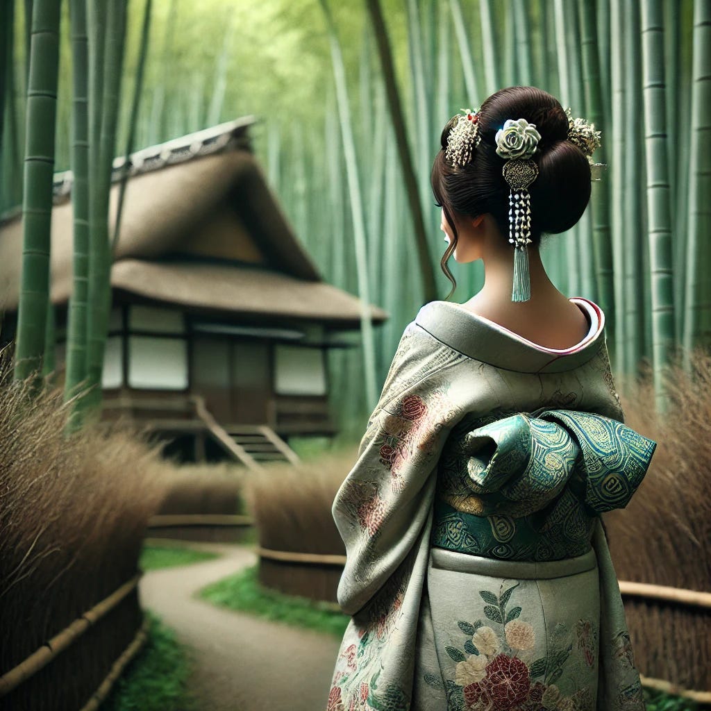 AI art, Dall-E, oiran, kimono, japan, edo japan, japanese, ghost story, bamboo grove