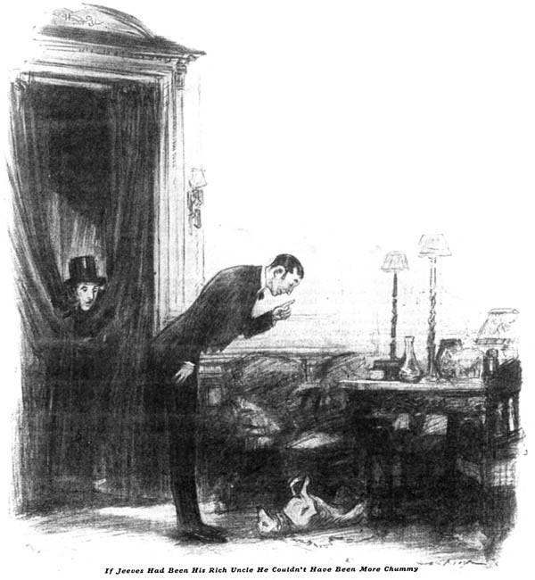 Jeeves gesturing with one stern finger at Rollo, who is laying on his back quite happily. Bertie looks on, having drawn up curtains around himself such that all that his visible of him is his face and top hat. The caption reads, "If Jeeves had been his rich uncle he couldn'thave been more chummy."