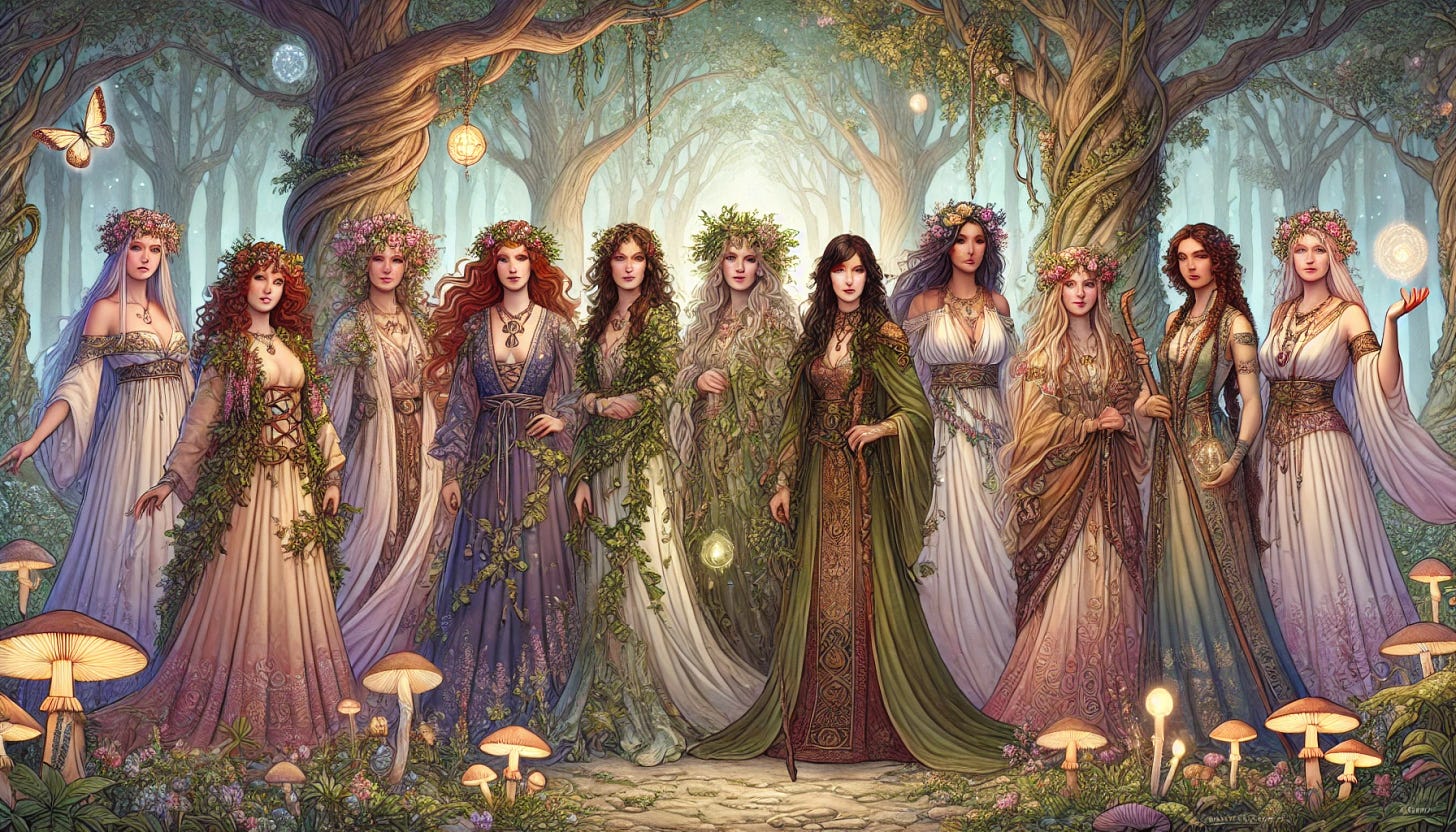 A detailed illustration of 8 druid priestesses standing next to each other in a mystical forest setting. Each priestess is uniquely dressed in flowing robes adorned with natural elements like leaves, vines, and animal motifs, symbolizing their connection to nature. The group exudes an aura of wisdom and serenity, with a backdrop of ancient trees, glowing mushrooms, and soft mystical light. Their features reflect diversity in age, ethnicity, and appearance, with some holding staffs, others with flowers in their hair, and some with glowing orbs of magic. The scene is ethereal and enchanting, emphasizing harmony with nature and spiritual power.