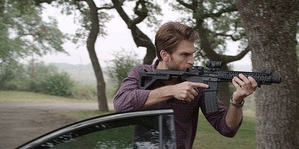 Gay Keegan Allen holding AK 15 reading to shoot hard on Jared Padalecki 2.04.