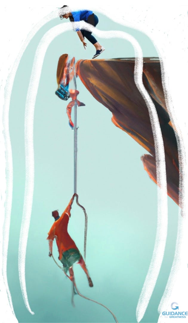 A drawing of a cliff with a rope hanging from it. A woman is climbing at the top of the rope. At the bottom a man is dangling by one hand. Above on the cliff a woman bends down to help.