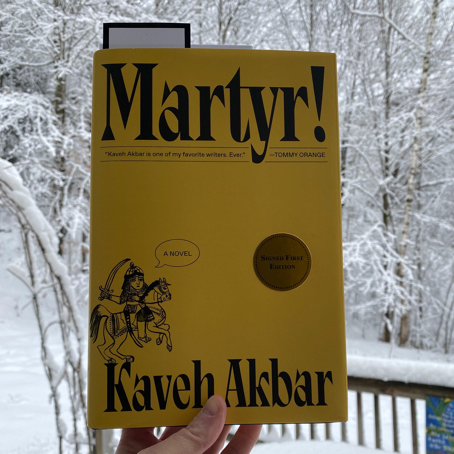 I’m holding up the bright yellow hardcover of Martyr! in front of a snowy forest.